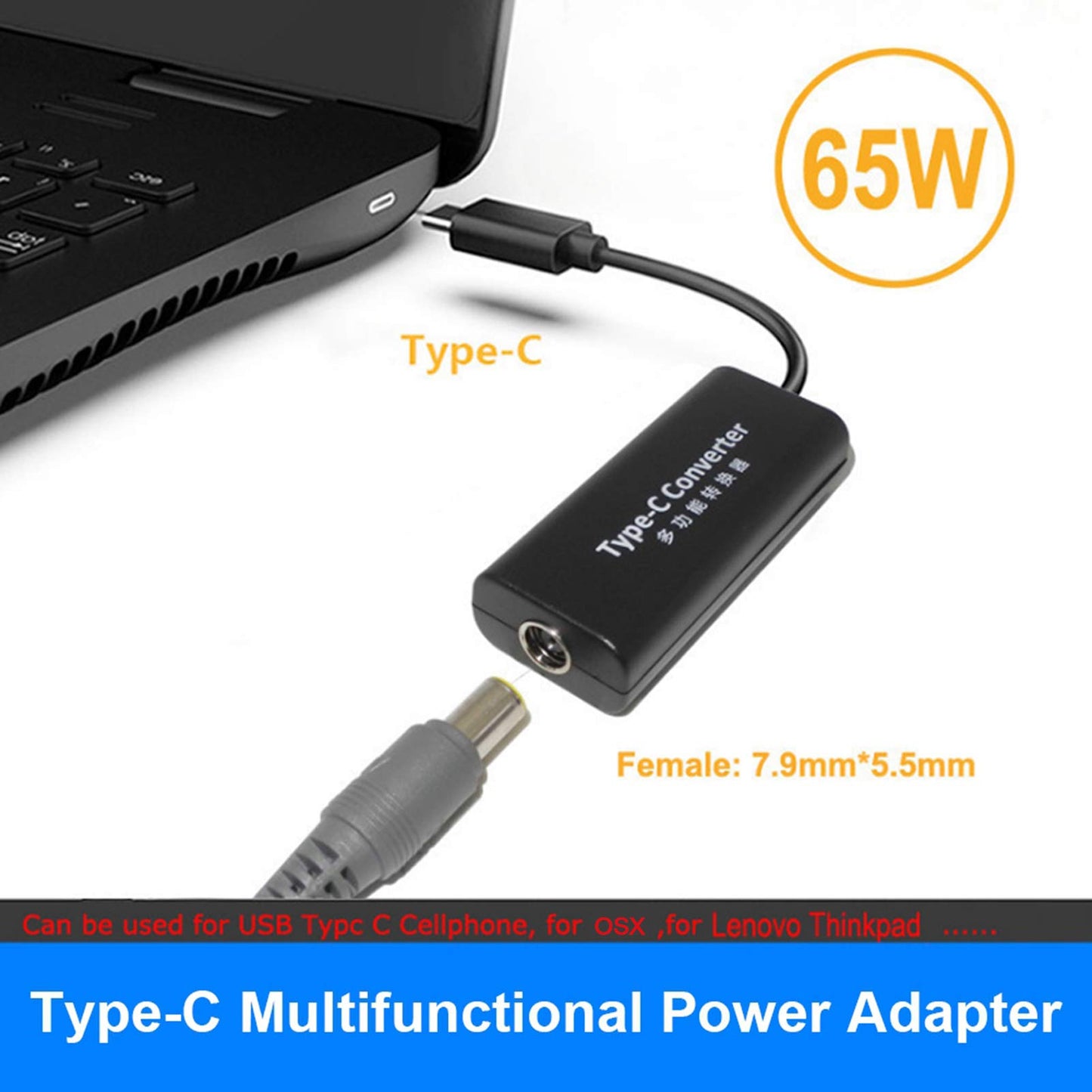Wendry Slim Power Adapter, 65W DC Female to Type-C USB C Laptop Power Adapter Converter,Plug and Play(7.9 x 5.5mm)