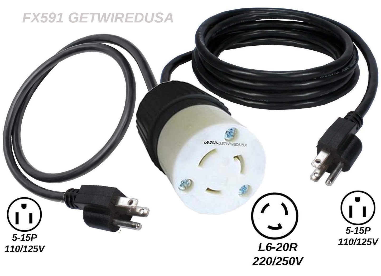 getwiredusa Power Converter 110/125V to 220/250V Electric Adapter 5-15P Wall Plug to L6-20R Twist Lock Receptacle Outlet Box NEMA