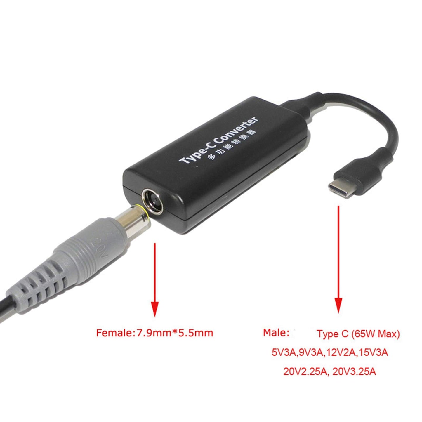 Wendry Slim Power Adapter, 65W DC Female to Type-C USB C Laptop Power Adapter Converter,Plug and Play(7.9 x 5.5mm)